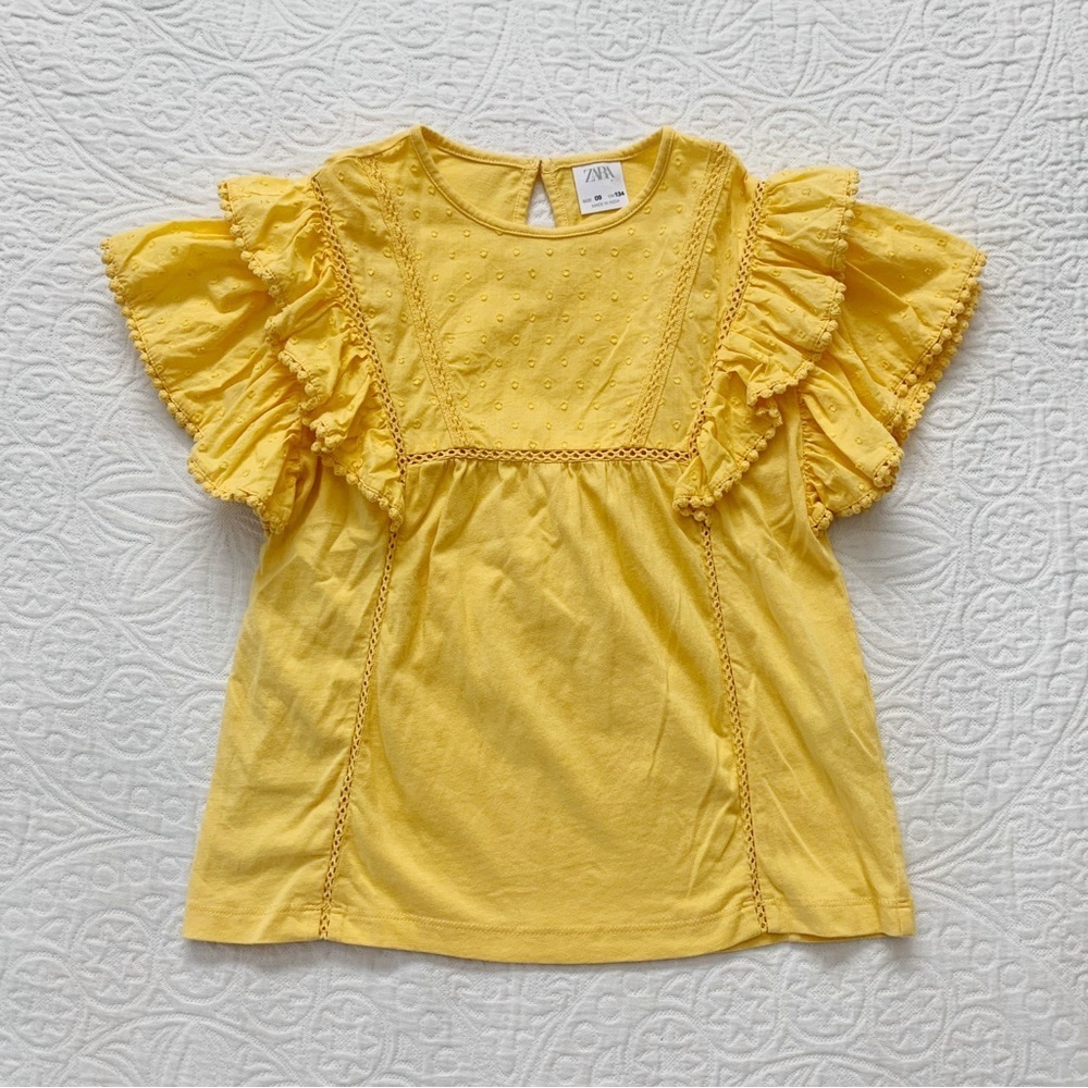 Zara Girls' Yellow‎ Dotted Mesh Ruffled Top, Sz 9